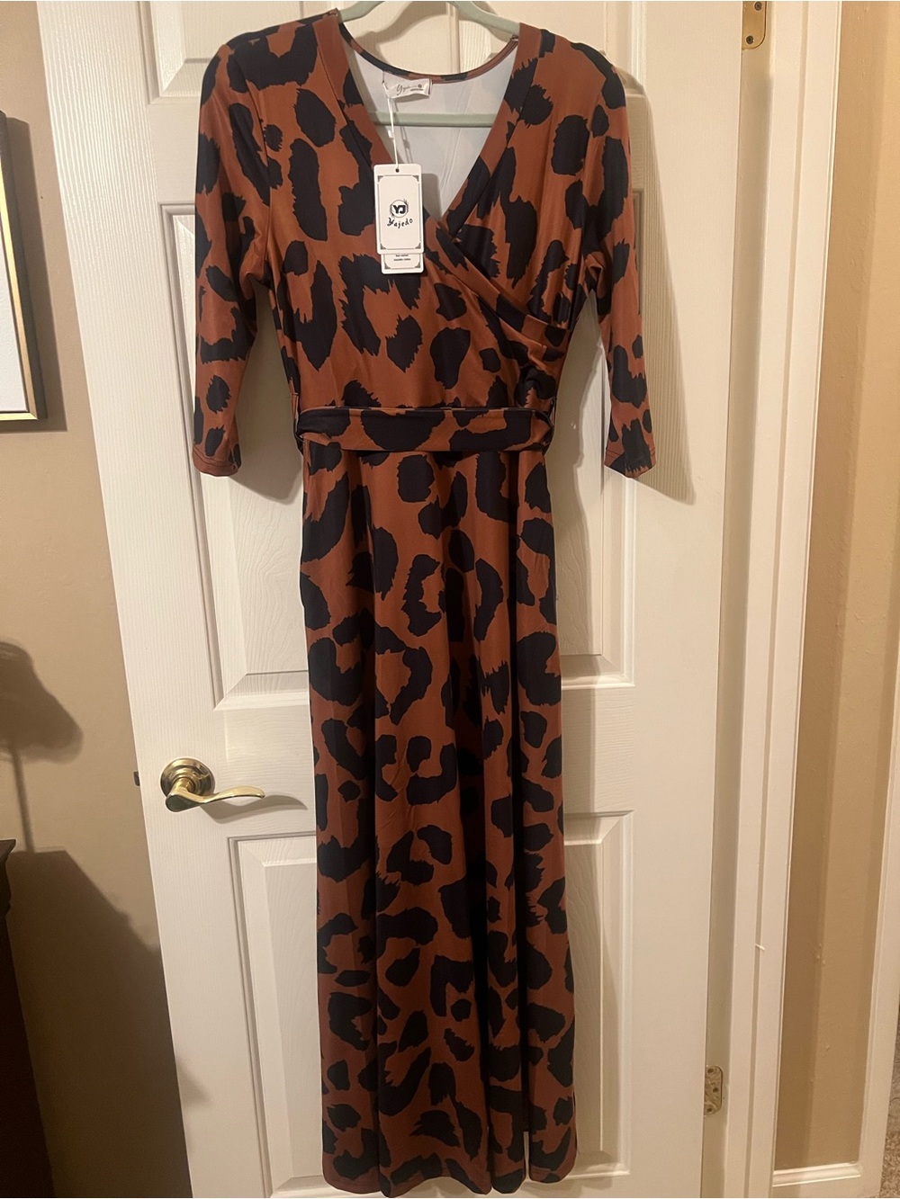 NWT Brown and Black Leopard Print 3/4 Sleeve Maxi Dress with Pockets Size Small